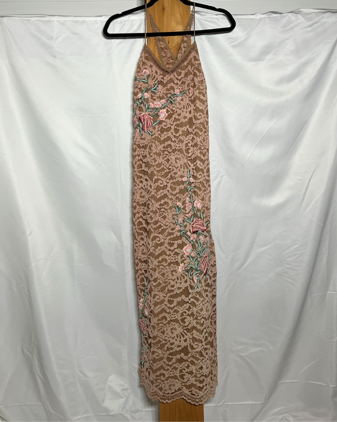 Blush Lace Halter Midi Dress with Floral Embroidery / Small