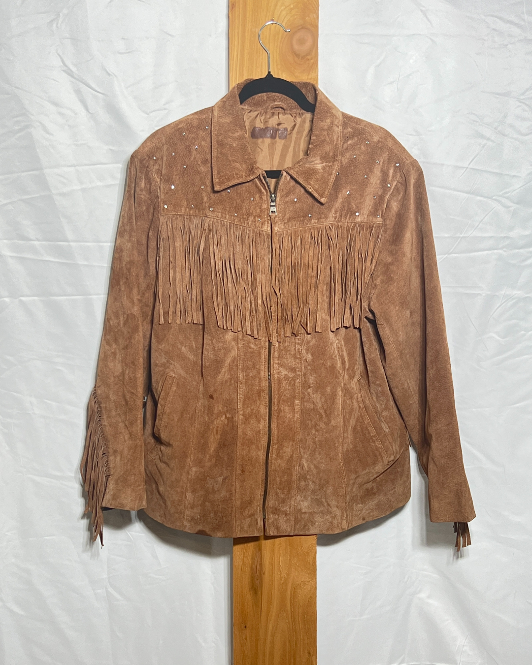 Vintage Suede Fringe Jacket with Rhinestone Detail / Large