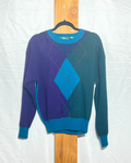 Vintage Argyle Wool Sweater in Teal & Purple / Large