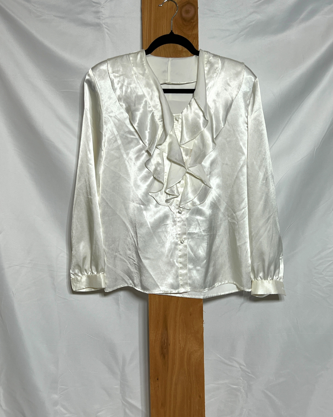 Vintage Ivory Satin Ruffle Blouse / Medium