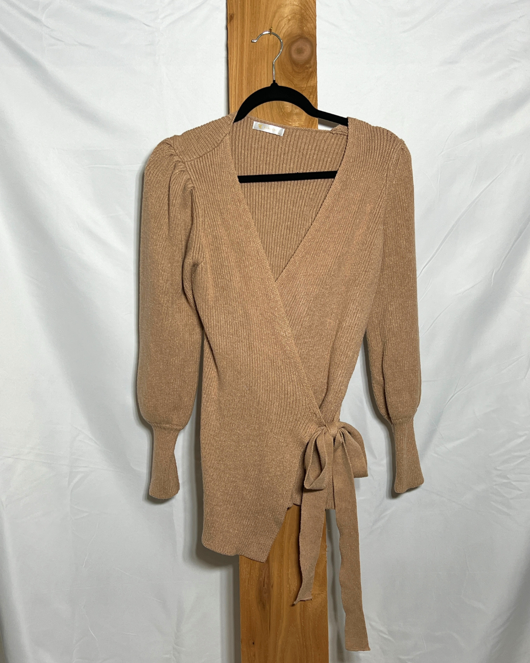 Camel Ribbed Knit Wrap Sweater / Medium
