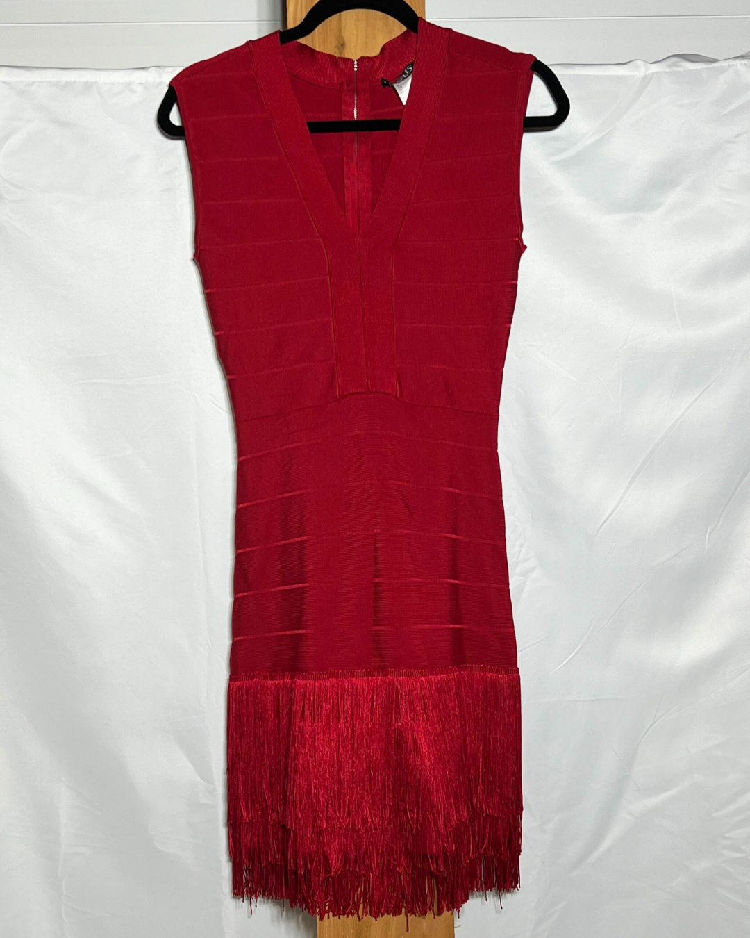 Red Fringe Hem Bandage Mini Dress / Medium
