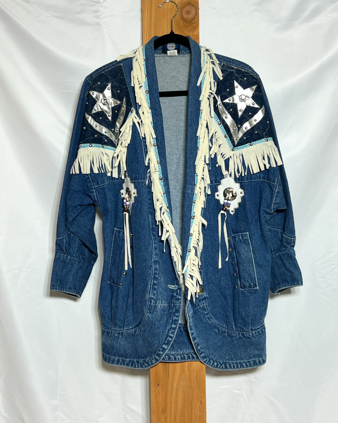 Vintage Western Fringe Denim Jacket with Metallic Stars / Large