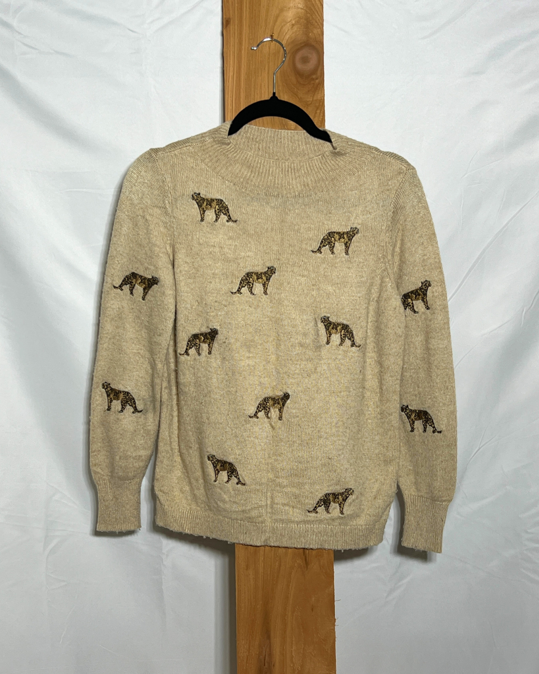 Beige Leopard Embroidered Knit Sweater / Medium