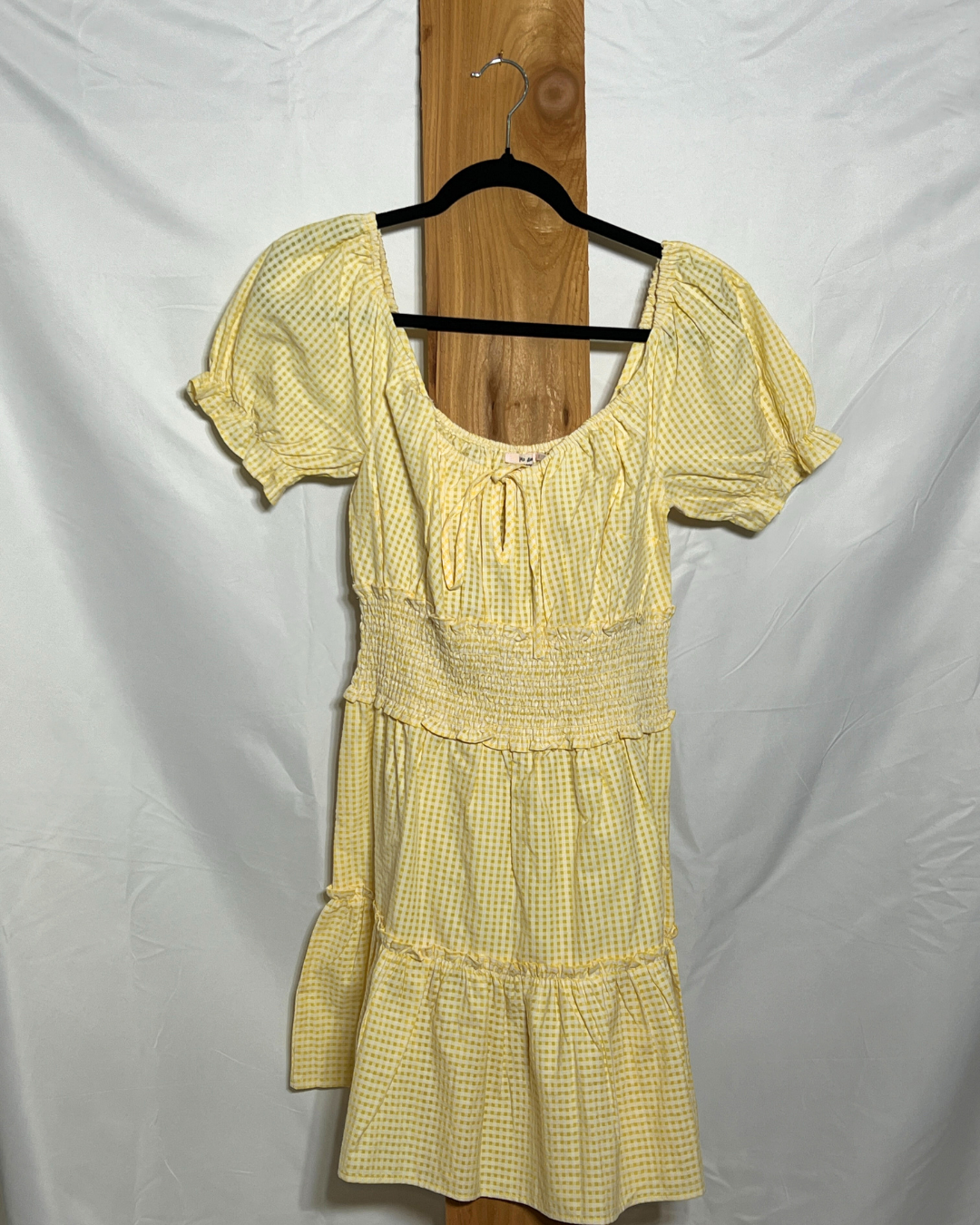 Yellow Gingham Puff-Sleeve Smocked Dress / Small
