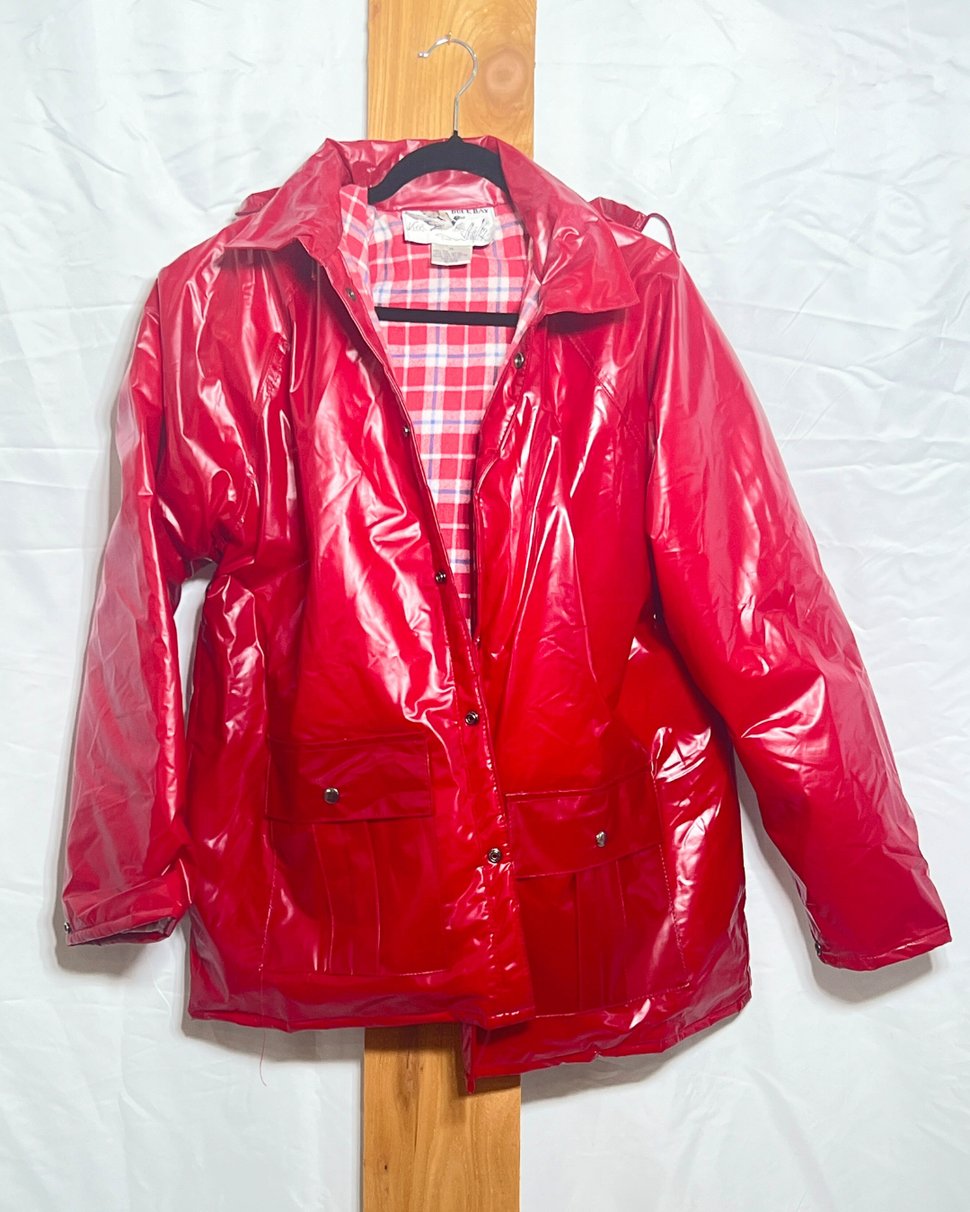 Vintage Duck Bay Red Vinyl Rain Jacket with Plaid Lining / Medium