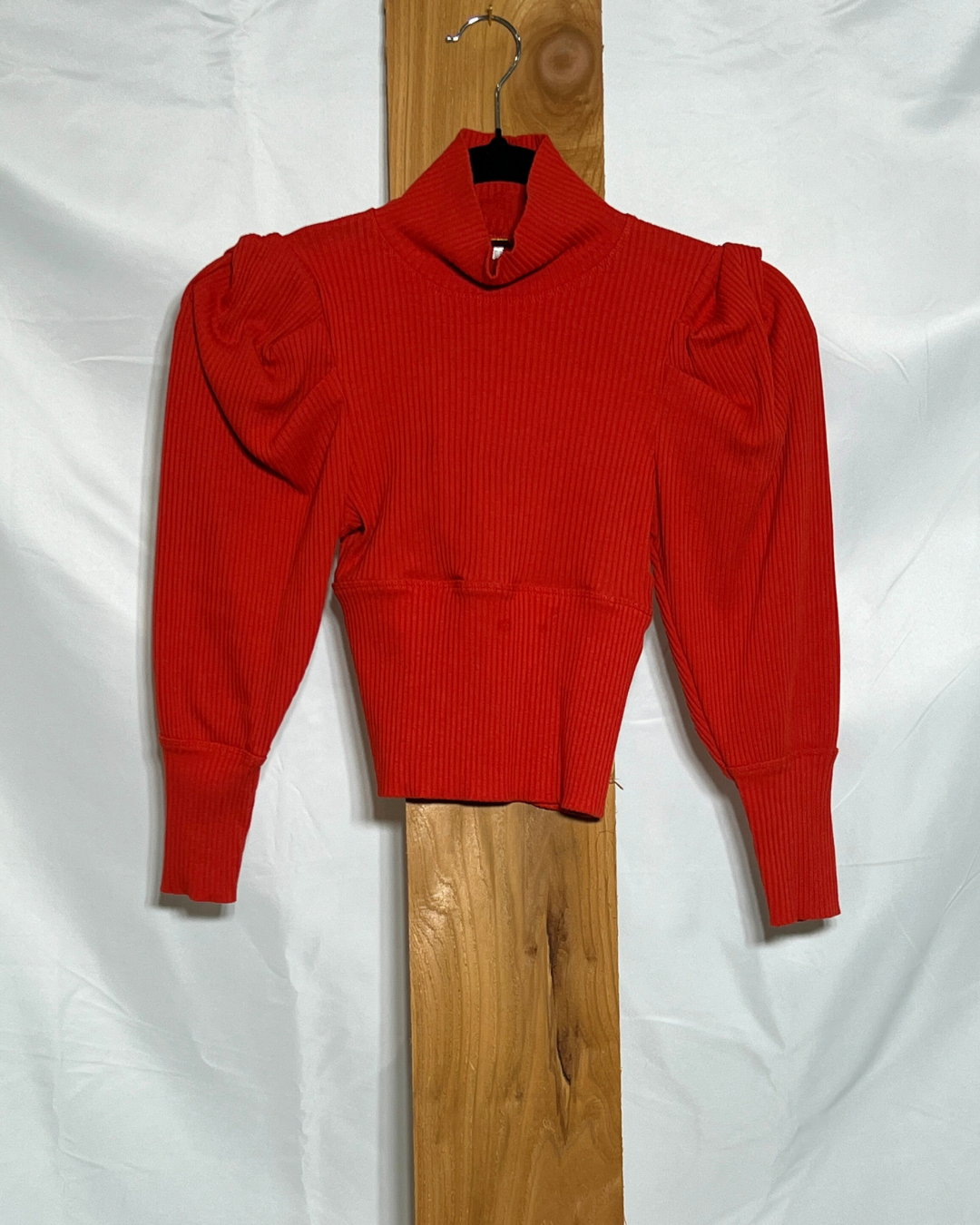 Free People Red Lala Tee / Puff Sleeve Ribbed Mock Neck Cropped Top / X-Small