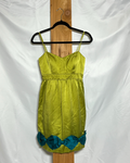Vintage Chartreuse Party Dress with Teal Bow Trim / Small