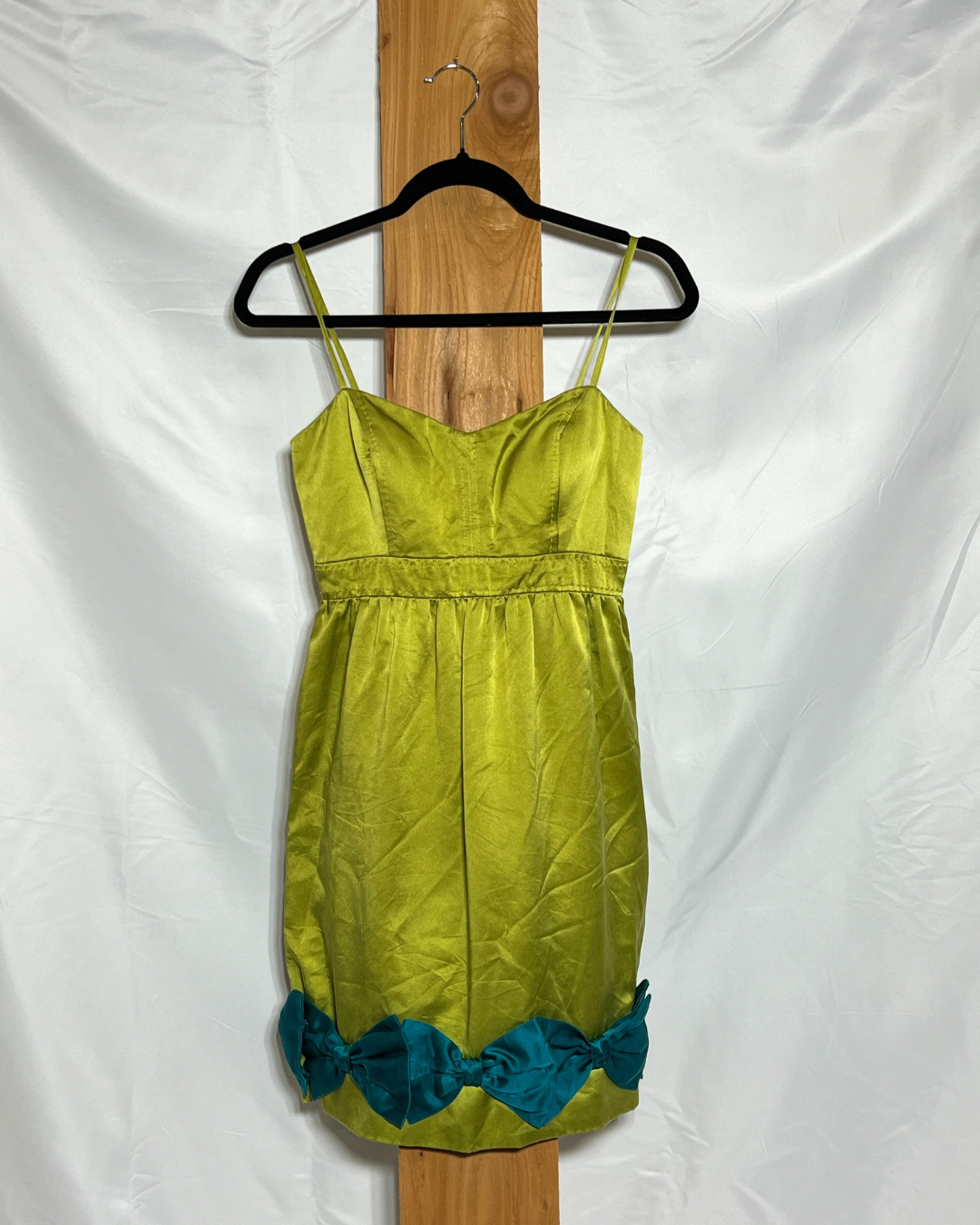 Vintage Chartreuse Party Dress with Teal Bow Trim / Small