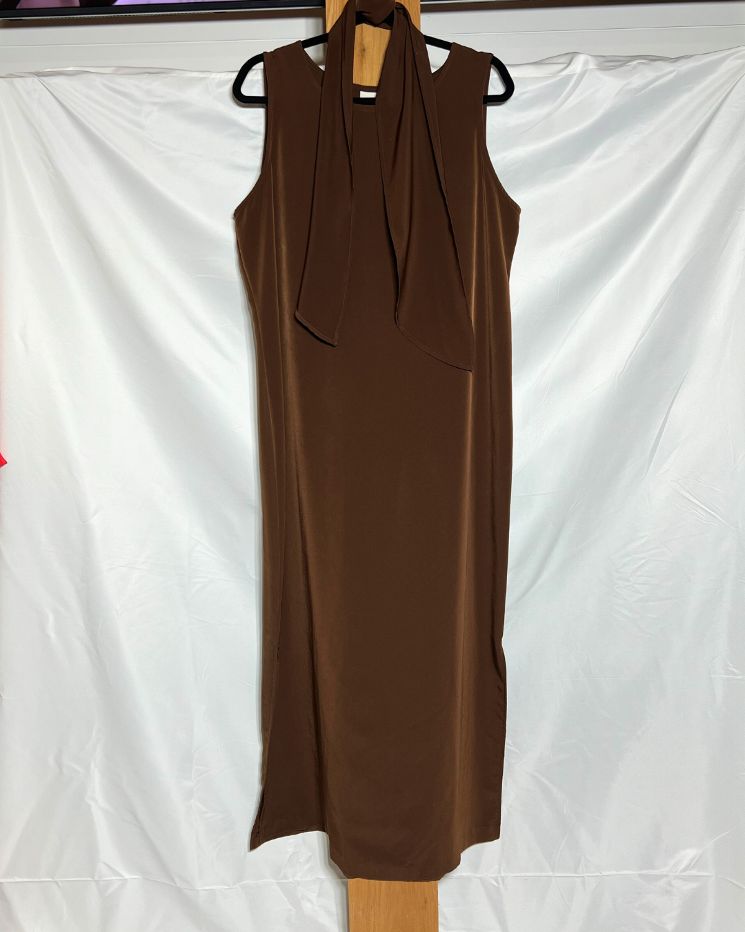 Chocolate Brown Sleeveless Scarf Midi Dress / Large